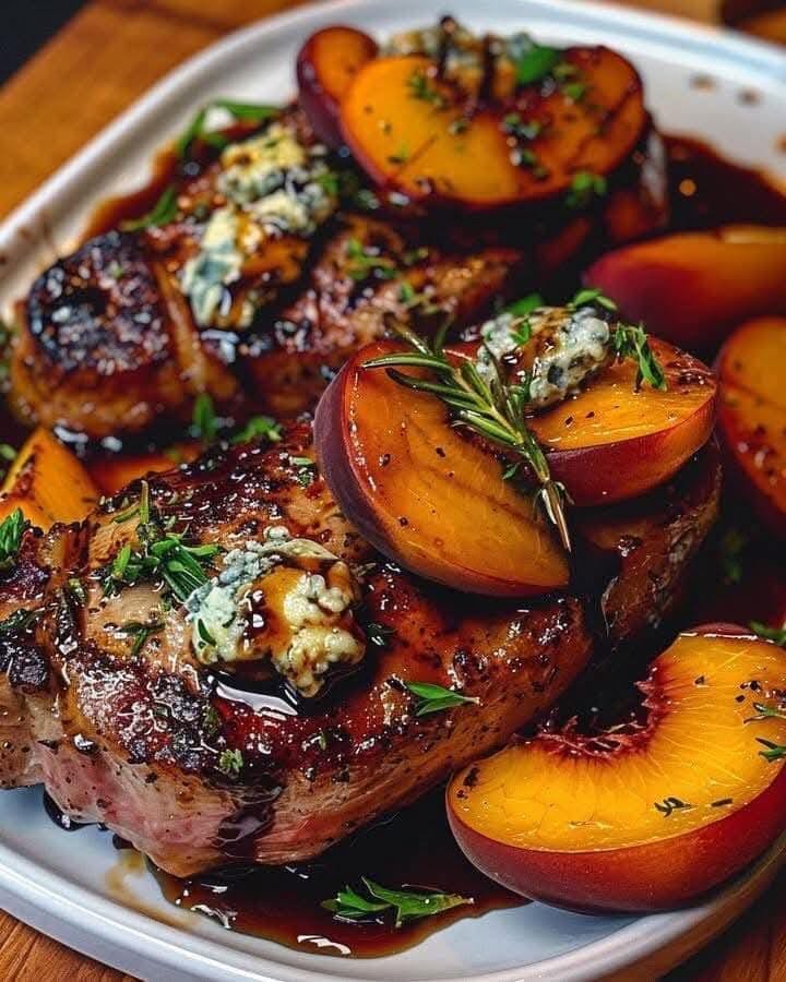 “Balsamic Peach Pork Chops with Blue Cheese