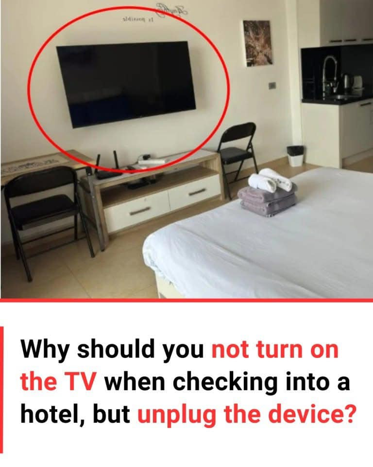 Why should you not turn on the TV when checking into a hotel, but unplug the device?
