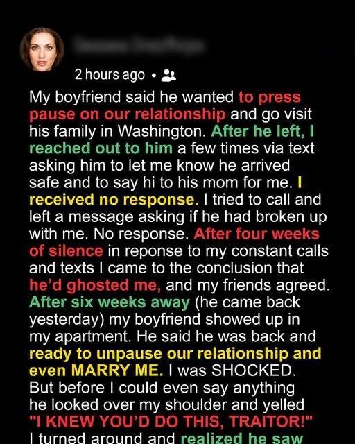 My Boyfriend Left Saying He Needed a Break and Ghosted Me for a Month—Yesterday He Came Back and Yelled, ‘I Knew You Would Do That, Traitor!’