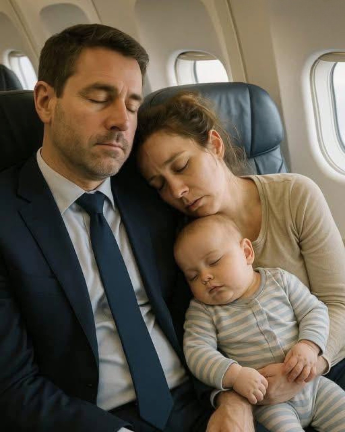 EXHAUSTED MOM AND HER BABY FELL ASLEEP ON A STRANGER’S SHOULDER MID-FLIGHT, WHEN SHE WOKE UP, HER LIFE CHANGED FOREVER!