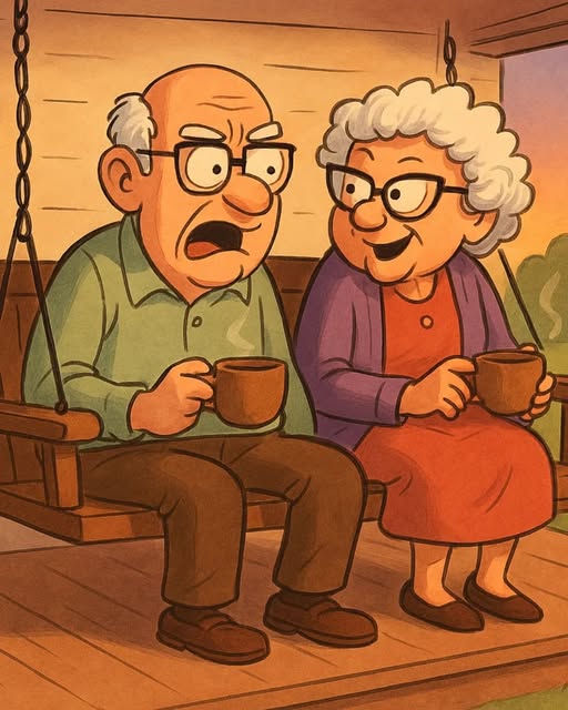 An elderly couple, Bert and Edna, are sitting on the porch swing!